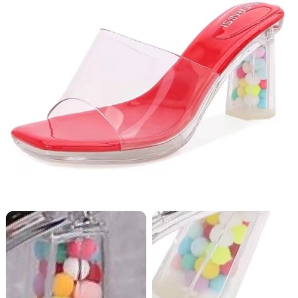 NWOT - Transparent BALL Décor Sandals in Red (Size 7) *Heel Height 3.15" - Picture 1 of 8